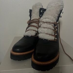 Marc Fisher Black and Cream Shearling Boots